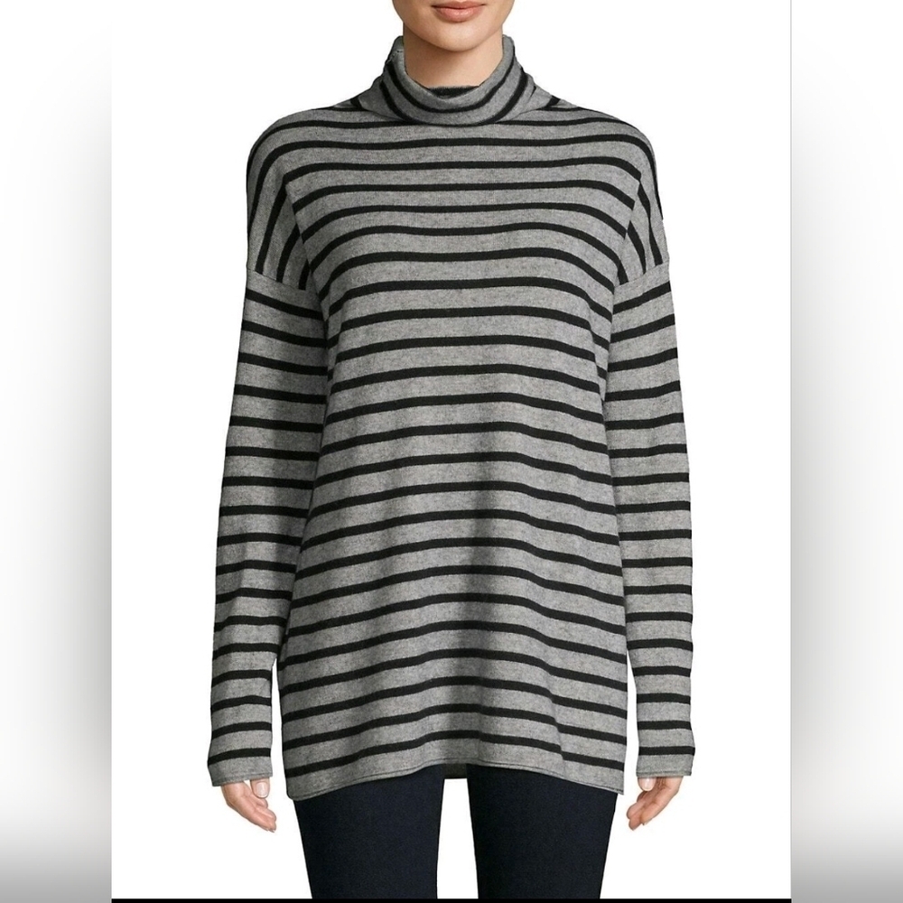 Vince Grey Black Stripe Wool Cashmere Long Sleeve Turtleneck Sweater Essential